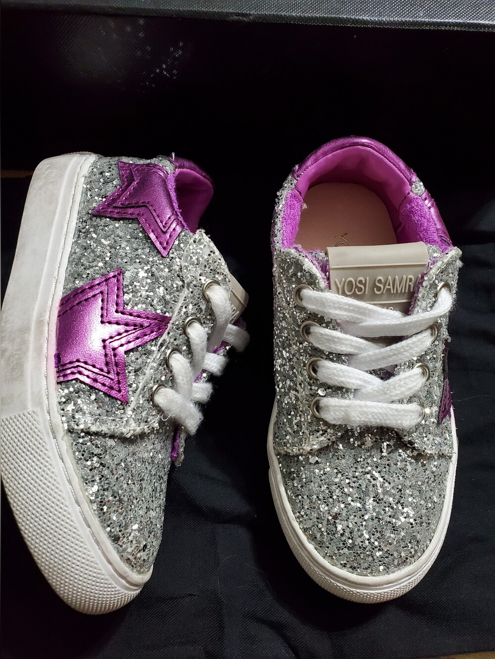 Yosi Samra Kids Silver Glitter Sneakers with Metallic Purple Star
